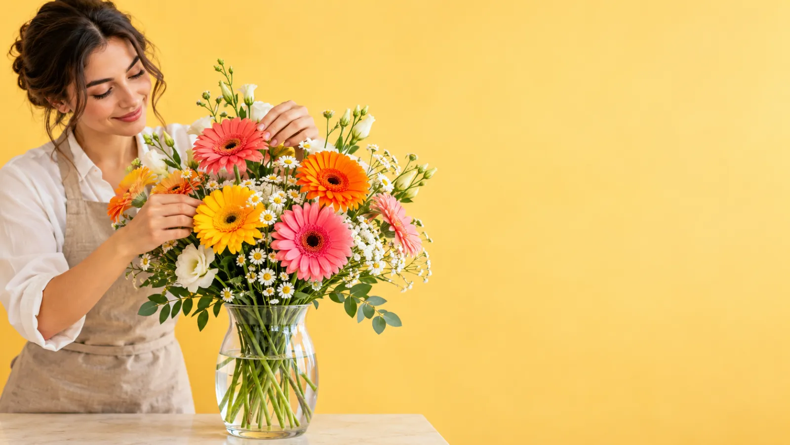 Vazoya gerbera yerleştiren çiçekçi