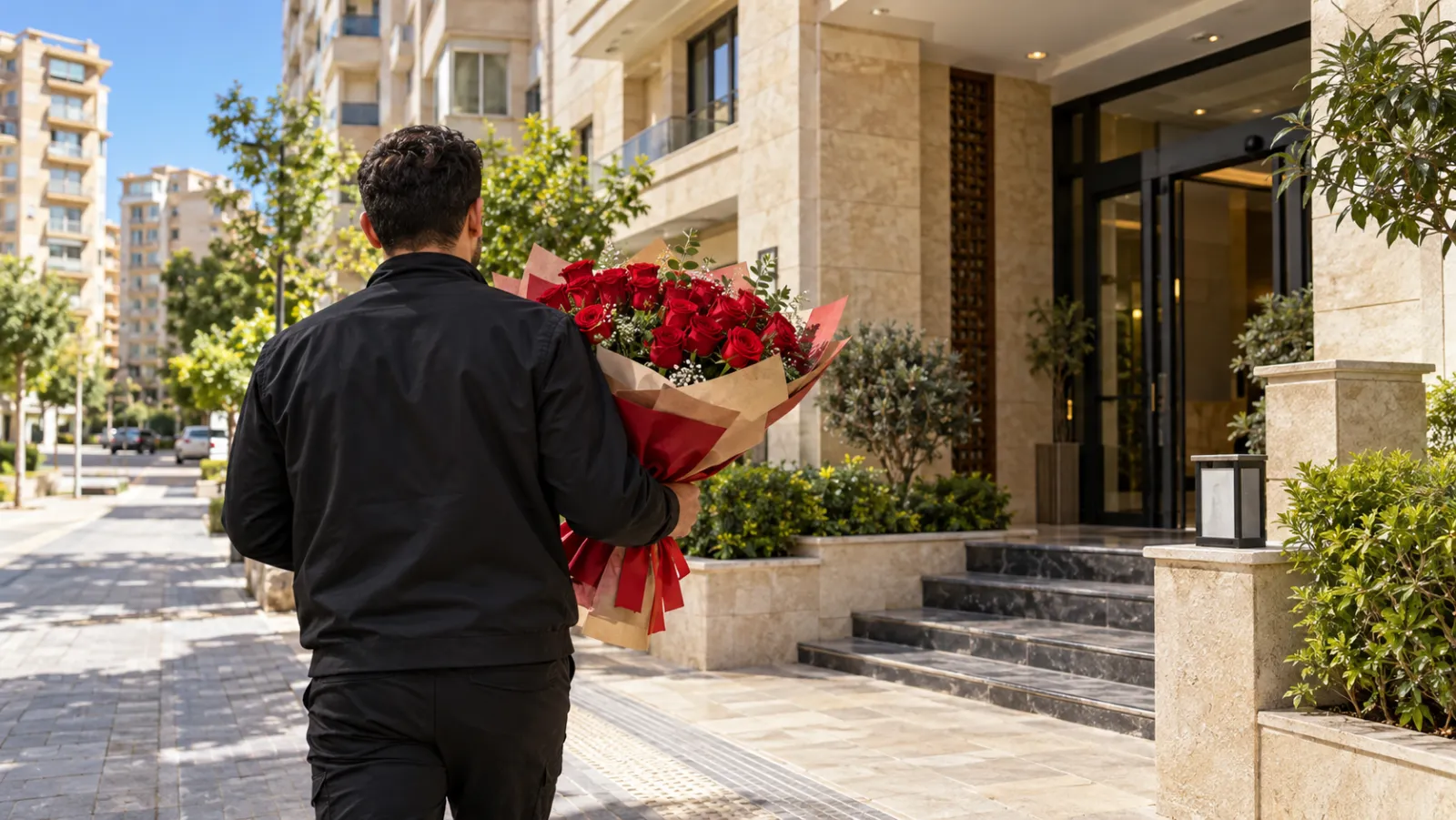 Apartman kapısına kırmızı gül buketi götüren kurye, arkadan görünüyor
