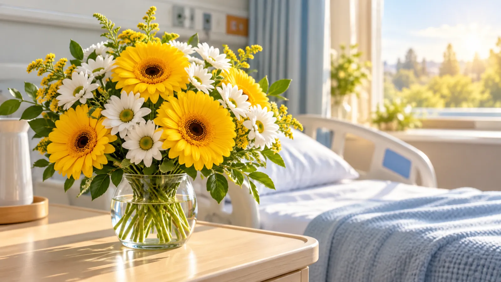 Hastane odasında başucu masasında duran sarı gerbera çiçekleri